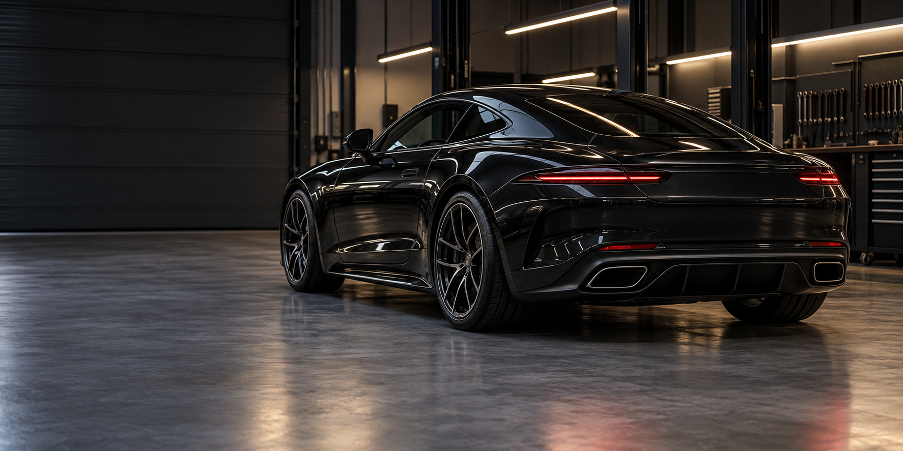 Coupé de luxo preto em uma baia técnica escura, com iluminação linear quente e bancada de ferramentas ao fundo.